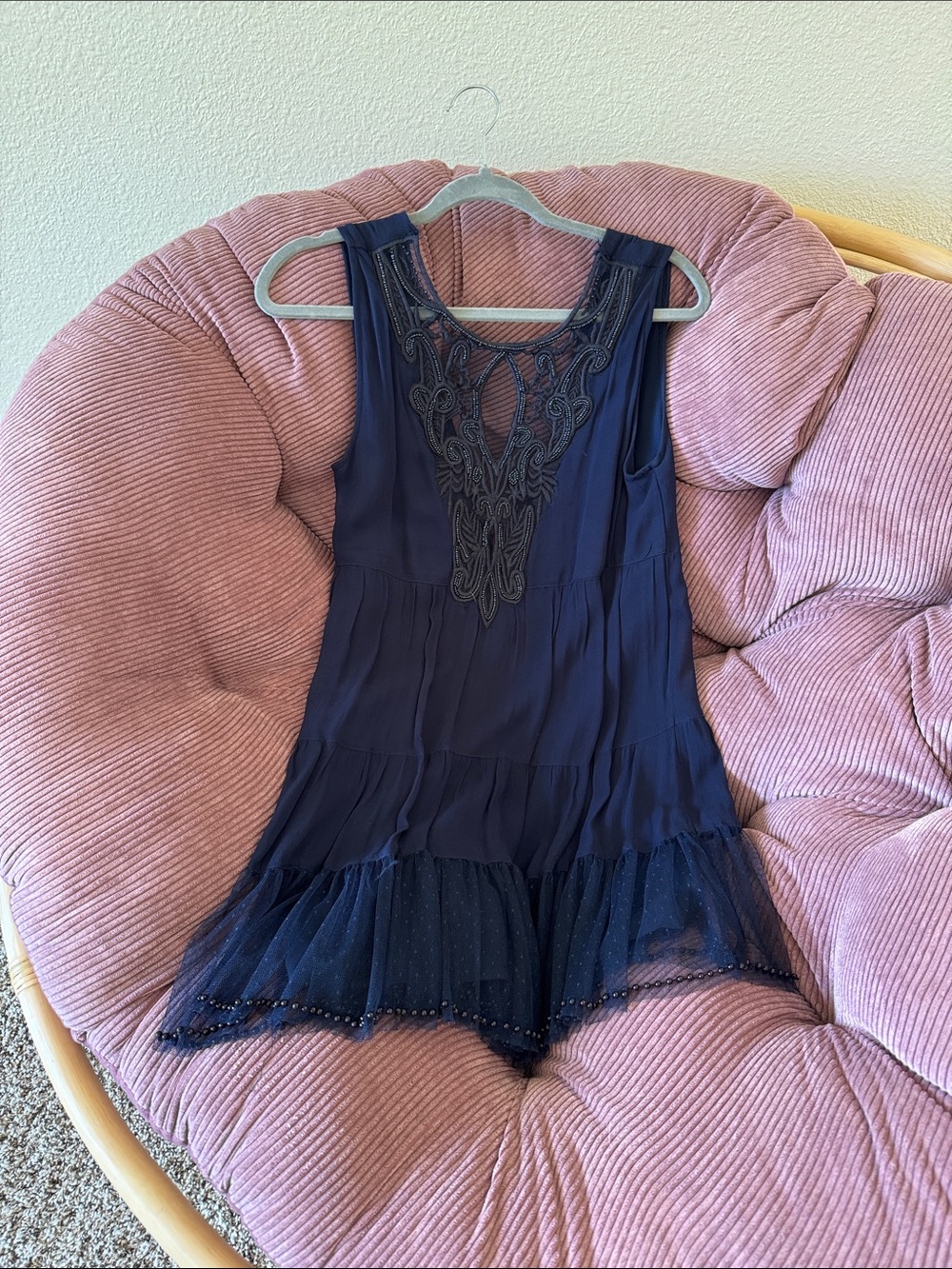 Navy Embroidered Sleeveless Tiered Zara Dress